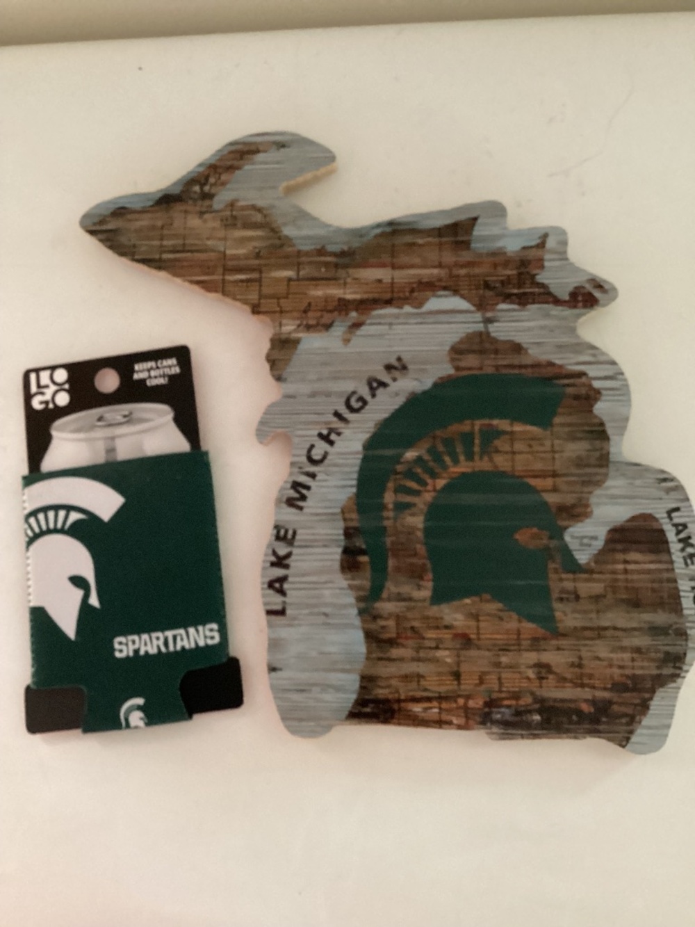 MSU wall plaque state cut-out with Sparty Logo and Sparty can coozie